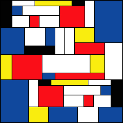 Emulation of Piet Mondrian's Checkered style. History of art in the Netherlands and the Dutch artist. Dutch mosaic or card with a checkerboard line design. Elements Retro pop art. Vector illustration