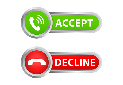 Phone call button icon. Answer and decline phone call buttons. Accept phone ringing. Telephone sign Incoming call. Voice call screen Phone calls icons accept and decline. Vector illustration