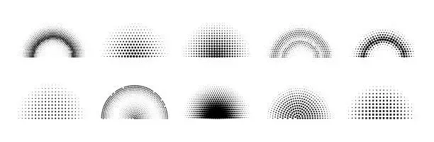 Vector illustration of Halftone dotted semicircles. Set of vector gradient effect spotted overlay abstract elements