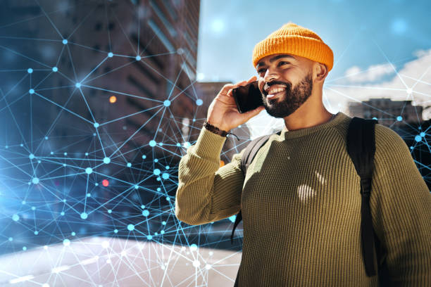 istock Man, phone call in city with innovation and digital transformation, conversation and communication. AI generated, cyber and contact, urban location with global network, tech evolution and future 1766891820