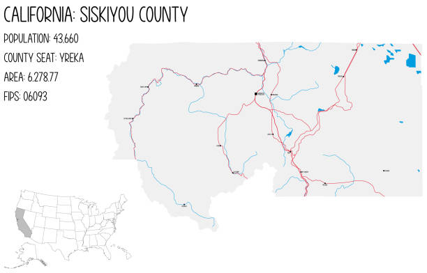 Large and detailed map of Siskiyou County in California, USA. Large and detailed map of Siskiyou County in California, USA. siskiyou lake stock illustrations