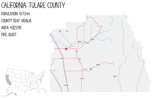 Large and detailed map of Tulare County in California, USA.