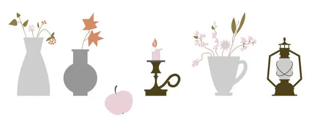 Vector illustration of A set of household items on a white background. Vases, flowers, bouquets, apple, candle, lantern.