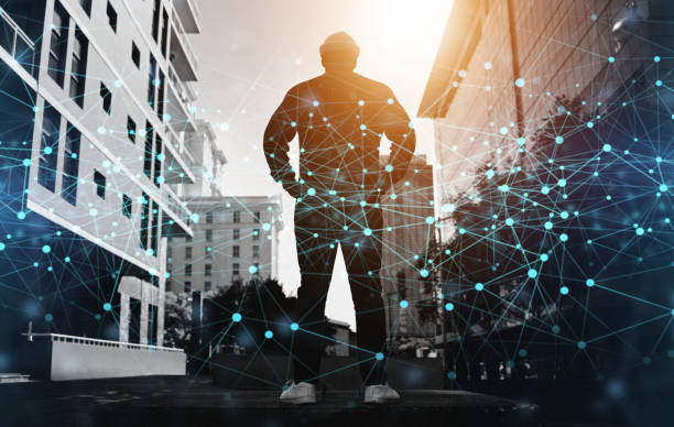 istock Man, city and digital transformation, technology innovation with data and cyber space, global network and software. Tech evolution, urban development and location with link, futuristic and 3D overlay 1766905152