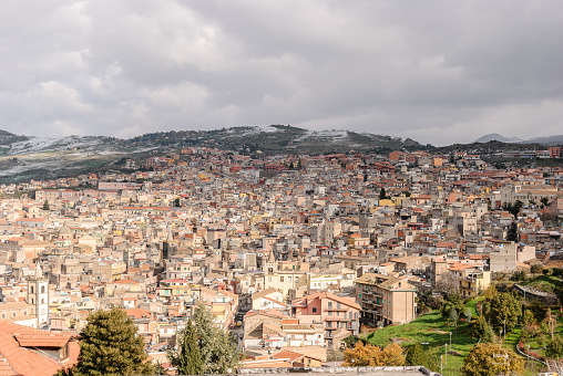 Panoramic view of Bronte, town in the west slope of volcano Etna in Sicily