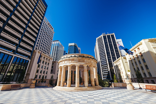 BRISBANE, AUSTRALIA - JULY 29 2023: ANZAC Square and memorial parklands on a warm winter's morning in Brisbane, Queensland, Australia