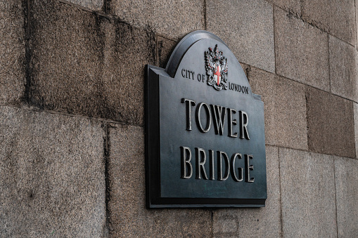 Side view of Tower Bridge London Plaque. High quality photo