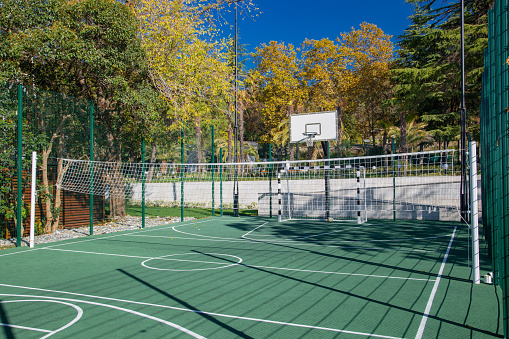 Outdoor basketball court with green grass and blue sky in the background