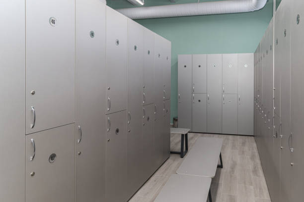 istock Row of white lockers in a locker room. 3d rendering 1766927815