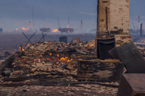 Fires. Burning houses in a burned village