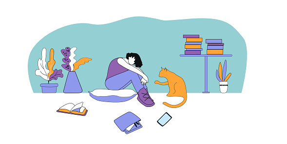 The cat pulls its paw to the sad guy. The student is worried about exams. Fallen bag with textbook, tablet and smartphone on the floor. llustration for promotional materials and advertisements for mental health organizations. Encourage help-seeking.