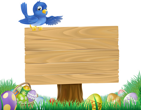 An Easter eggs and bluebird bird cartoon wooden sign