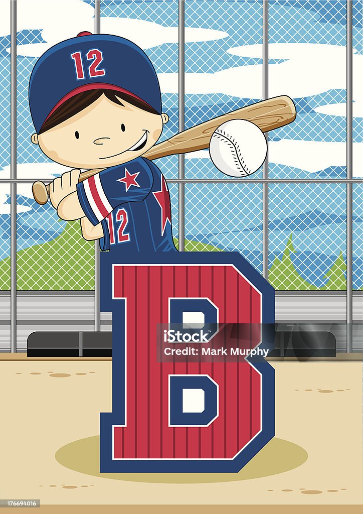 Ładny Baseball chłopiec nauki literę B - Grafika wektorowa royalty-free (Alfabet)