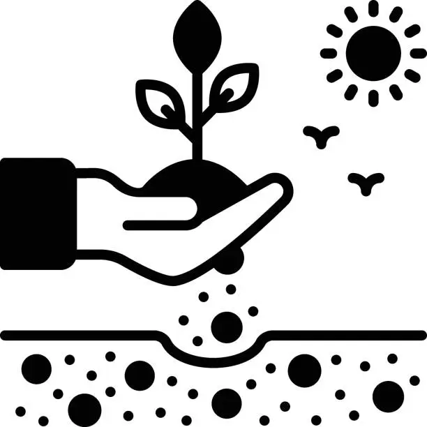 Vector illustration of grower or horticulturist holding plant in fields concept, Sun, Birds and soil vector icon design, Outdoor Decor symbol, Farm and Plant sign, Mulching and Landscaping illustration