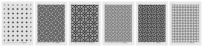 Abstract vector Minimalistic Posters with geometric pattern, Black and White rhythmic repeating texture, creative modern artwork with typically repeated element various shapes, set 8
