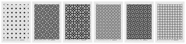 Vector illustration of Abstract vector Minimalistic Posters with geometric pattern, Black and White rhythmic repeating texture, creative modern artwork with typically repeated element various shapes, set 8