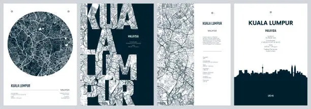 Vector illustration of Set of travel posters with Kuala Lumpur, detailed urban street plan city map, Silhouette city skyline, vector artwork
