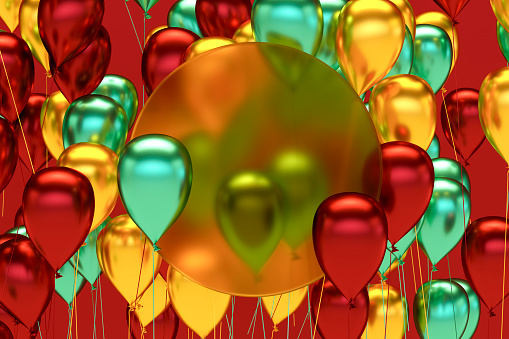 Christmas balloons, new year background, place for text, copy space. Digitally generated image.