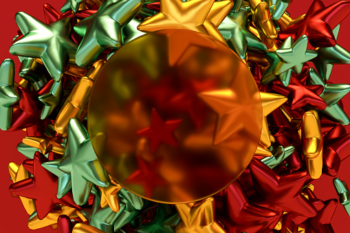 Christmas ornaments, star shape, new year background, place for text, copy space. Digitally generated image.