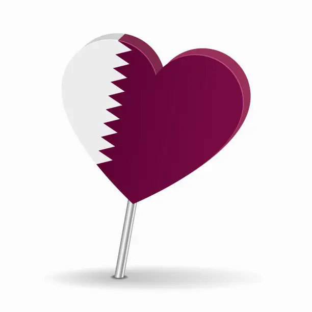 Vector illustration of Qatari flag heart-shaped map pointer layout. Vector illustration.