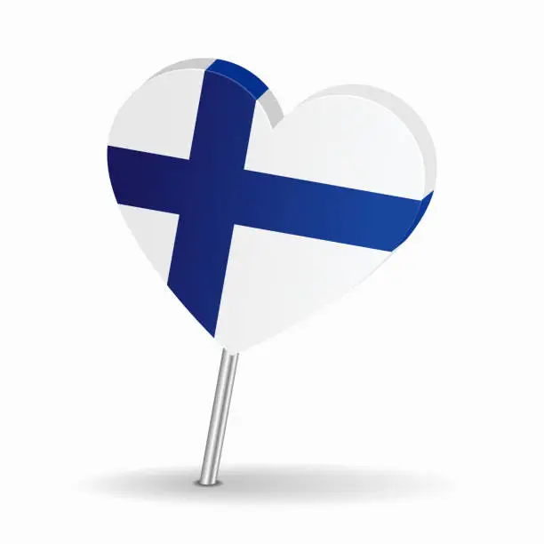 Vector illustration of Finnish flag heart-shaped map pointer layout. Vector illustration.