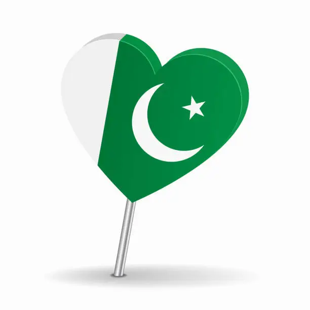 Vector illustration of Pakistani flag heart-shaped map pointer layout. Vector illustration.