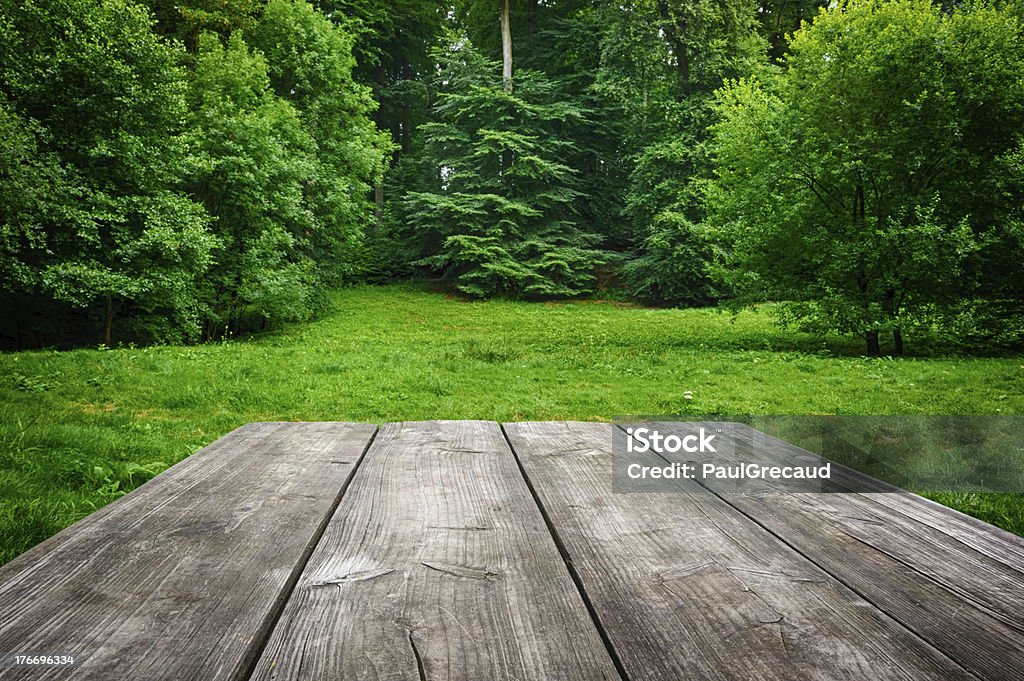 Tavolo in legno con sfondo verde natura - Foto stock royalty-free di Tavolo
