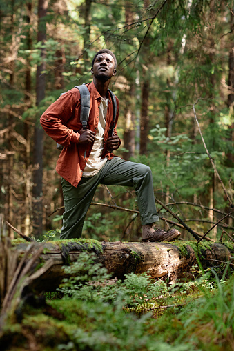 Vertical image of African American hiker with backpack travelling in the forest in summer