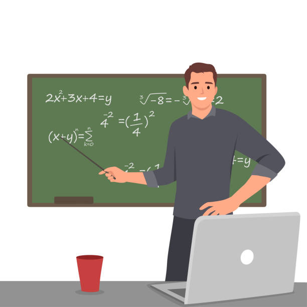 stockillustraties, clipart, cartoons en iconen met young high school male teacher teach math online through laptop in classroom. - universitair docent