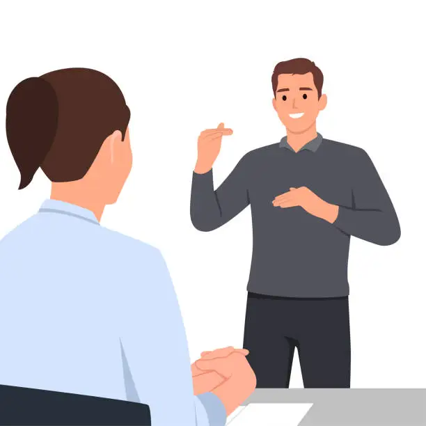 Vector illustration of Businessman making a presentation at office. Business executive delivering a presentation to his colleagues during meeting.