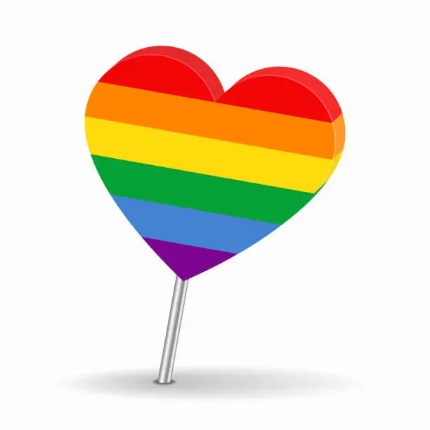 Vector illustration of LGBT pride flag heart-shaped map pointer layout. Vector illustration.