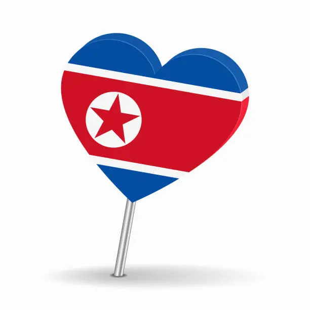 Vector illustration of North Korean flag heart-shaped map pointer layout. Vector illustration.