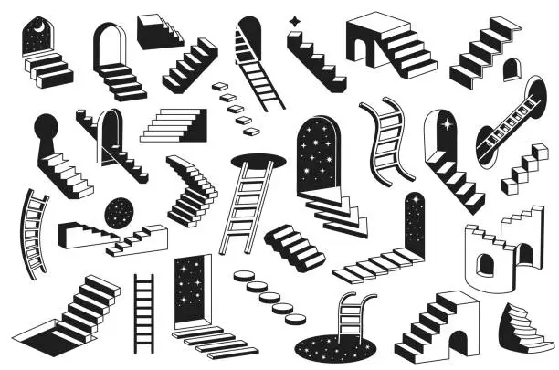 Vector illustration of Surreal ladders. Mystery stairways, dreamy stairwells and abstract levels. Black and white flight of steps vector illustration set