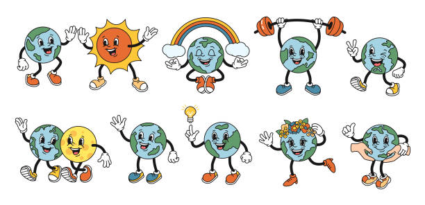 ilustraciones, imágenes clip art, dibujos animados e iconos de stock de planeta tierra de dibujos animados. mascota del globo con el sol y la luna en el estilo del personaje de la manguera de goma de la década de 1930. conjunto de ilustraciones vectoriales aisladas - rainbow multi colored sun sunlight