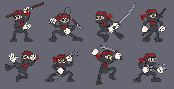 Cartoon ninja mascot. Cute Asian warrior in fighting poses with katana sword, nunchucks, shuriken and sai vector illustration set of asian japanese warrio