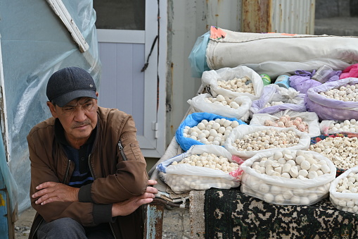Shahrisabz, Uzbekistan - April 08, 2023 - Kurt is a caloric dairy product of Central Asian nomads, dried in natural conditions, something in between a salted dried curds and a hard young cheese in the form of balls of different sizes