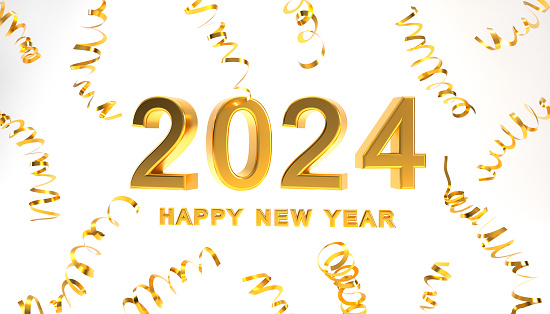 2024 gold 3D text with confetti isolated on white background, happy new year backdrop concept 3d rendering illustration.