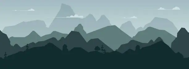 Vector illustration of Mountain ranges silhouettes. Panoramic black range top landscape with summit and peak, hiking and climbing alpine wilderness topography. Vector isolated set