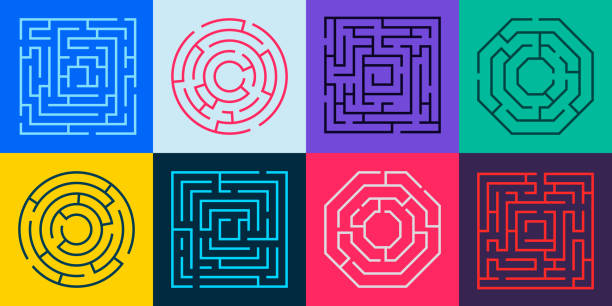 Maze path. Round labyrinth riddle with wrong way and right way, labyrinth puzzle with gate and deadlock, maze game concept. Vector illustration of riddle way challenge