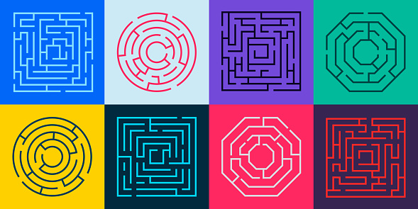 Maze path. Round labyrinth riddle with wrong way and right way, labyrinth puzzle with gate and deadlock, maze game concept. Vector illustration of riddle way challenge