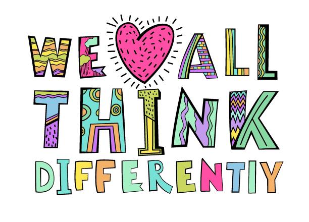 We all think differently. Creative handdrawn lettering in a pop art style. We all think differently. Creative hand-drawn lettering in a pop art style. Human minds and experiences diversity. Inclusive, understanding society. Vector illustration isolated on a white background autism awareness colors stock illustrations