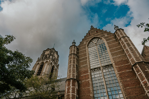 View of St.Martins church Berlare, Belgium on a sunny winter afternoon. Berlare is a municipality in East Flanders. Copy space above.