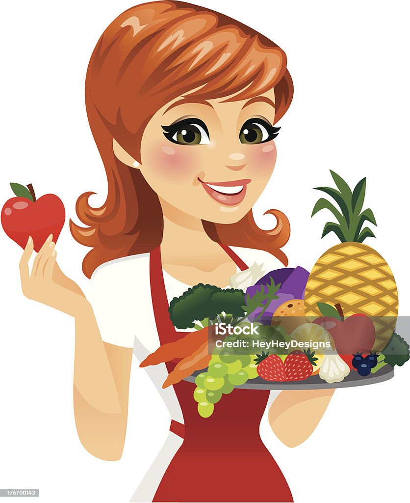 Woman Eating healthy Food A woman holding up a platter of fresh fruit and veggies. The single apple in her hand is removable in Adobe Illustrator.  Adult stock vector