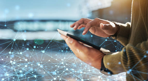 Technology, innovation with hands and tablet, digital transformation with person typing and communication in city. Hologram, cyber and social media with global network, tech evolution and future