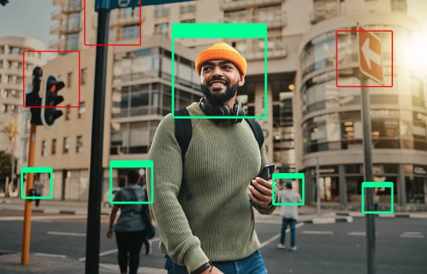 istock Man in city, face recognition and innovation, technology and identity, information and biometric for digital transformation. Frame, tech evolution and future with urban surveillance in street 1767008429