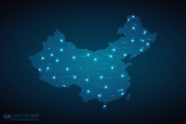 istock China Map radial dotted pattern in futuristic style, design blue circle glowing outline made of stars. concept of communication on dark blue background 1767009286