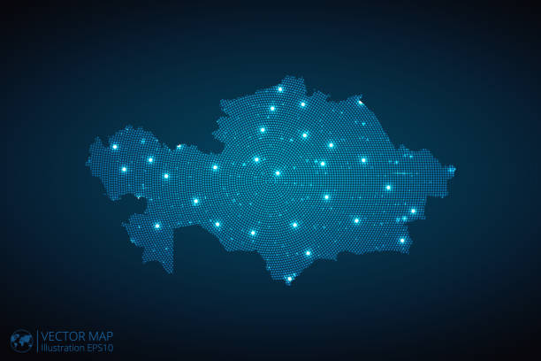 istock Kazakhstan Map radial dotted pattern in futuristic style, design blue circle glowing outline made of stars. concept of communication on dark blue background 1767010599