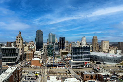 The downtown business district of Kansas City, Missouri skyline overlooking Crossroads and Power and Light districts of the city on a sunny day
