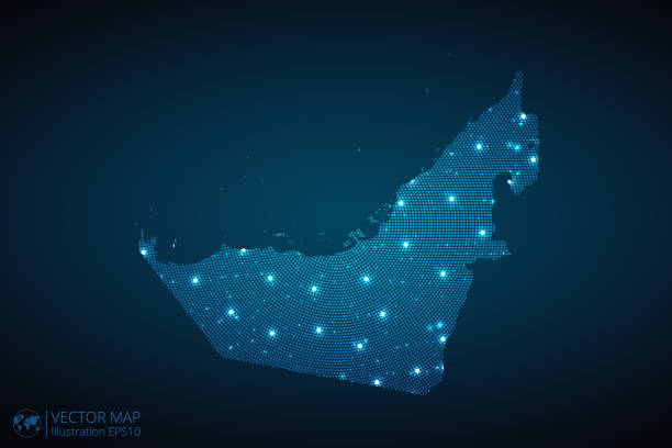 United Arab Emirates Map radial dotted pattern in futuristic style, design blue circle glowing outline made of stars. concept of communication on dark blue background United Arab Emirates Map radial dotted pattern in futuristic style, design blue circle glowing outline made of stars. concept of communication on dark blue background. Vector illustration EPS10 united arab emirates flag map stock illustrations