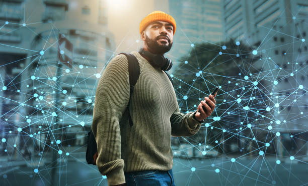 istock Phone, innovation and man in city, digital transformation with online map and communication outdoor. AI generated, cyber and social media with global network, tech evolution and future for navigation 1767017963